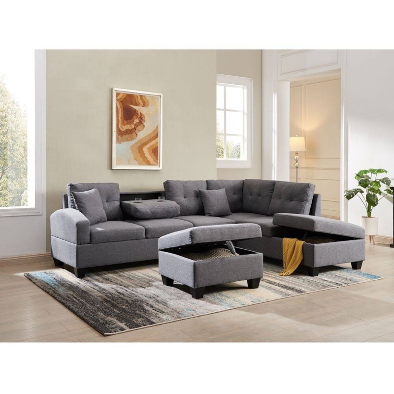 Modern Charcoal Grey Sectional Sofa with Adjustable Headrests