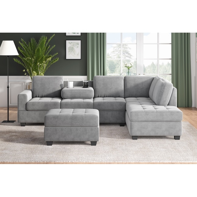 Modern Charcoal Sectional Sofa with Tufted Back and Matching Ottoman