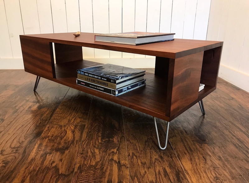 Modern Chunky Wood Coffee Table with Thick Top and Lower Shelf