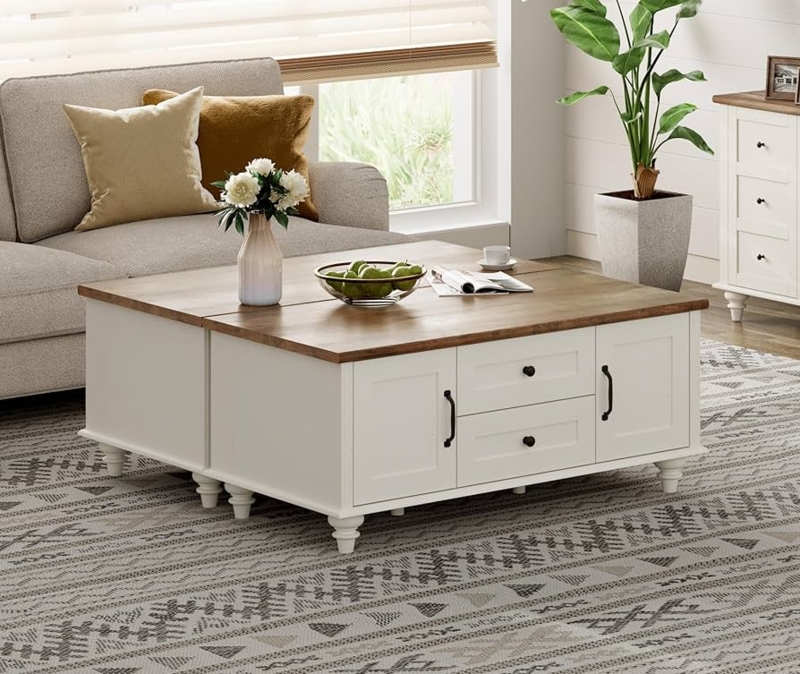 Modern Coffee Table Rattan Drawer Fronts Two Tone Storage