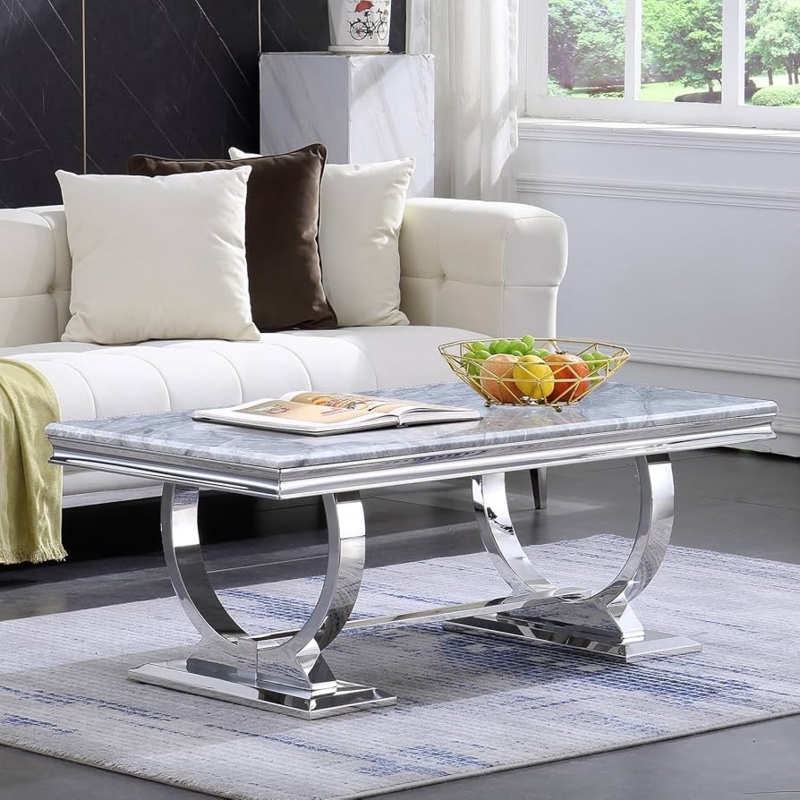 Modern Coffee Table with U-Base and Grey Marbled Top