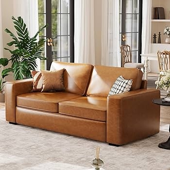 Modern Cognac Faux Leather Living Room Set, Oversized Block Arms