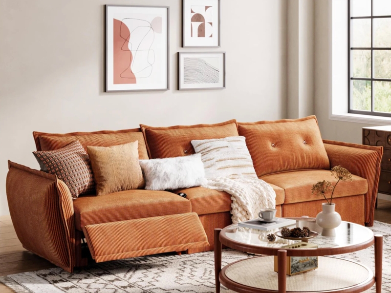Modern Cream Reclining Sofa Power Block Arms Transitional