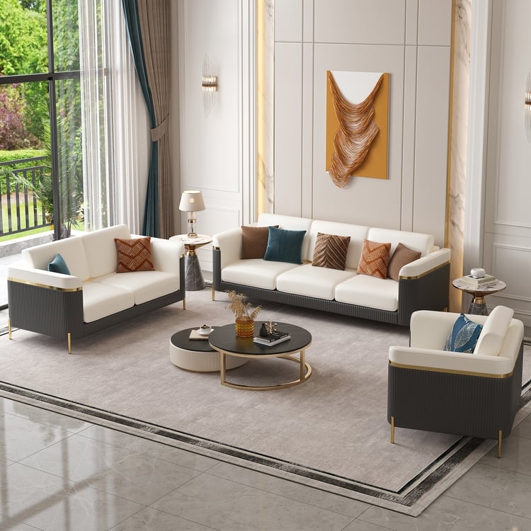 Modern Curved Living Room Set Wrap Around Back Ribbed Faux Leather
