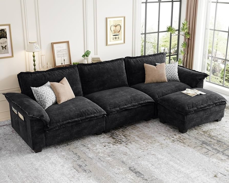 Modern Deep Seating Sectional Sofa in Black Chenille Texture