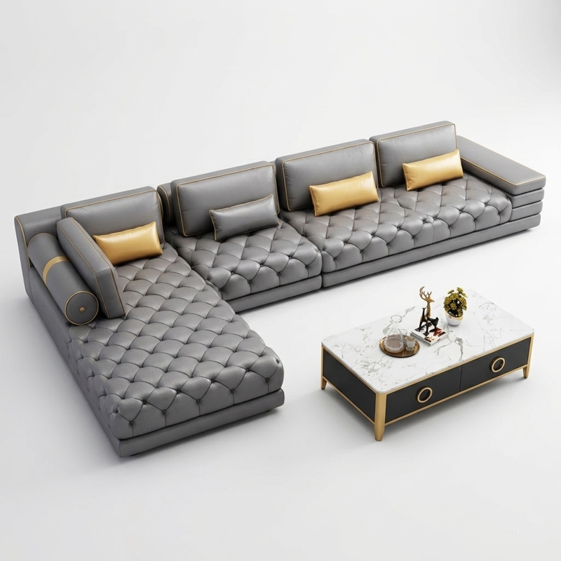 Modern Enduring Button Tufted Leather Sectional Sofa -