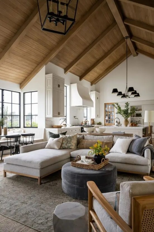 Modern Farmhouse Living Room with Twin Black Lantern Chandeliers