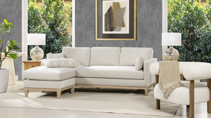 Modern Farmhouse Sectional Sofa Reversible Chaise Beige Linen Look