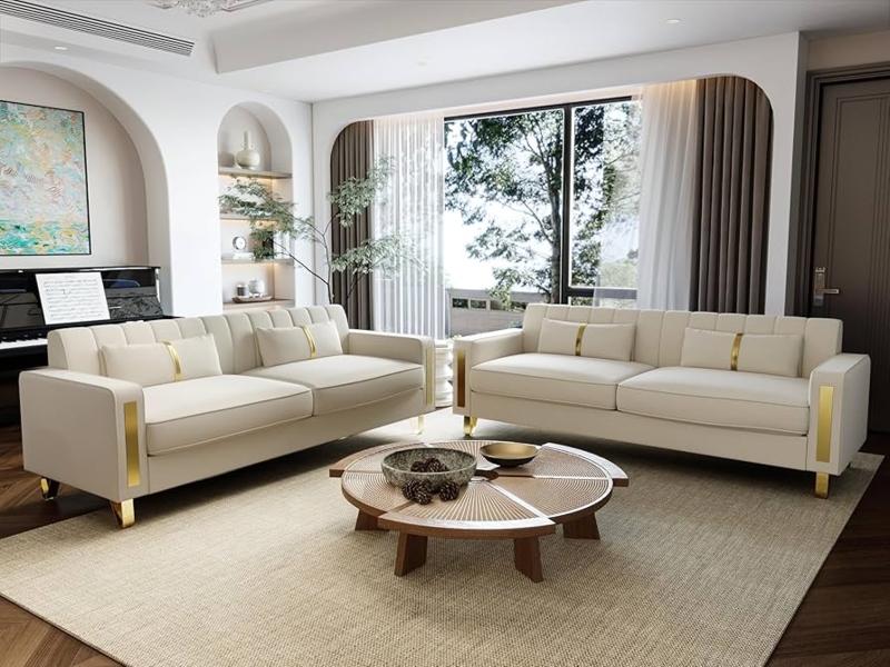 Modern Glam Beige Velvet Sofa Set, Vertical Ribbing and Gold Legs