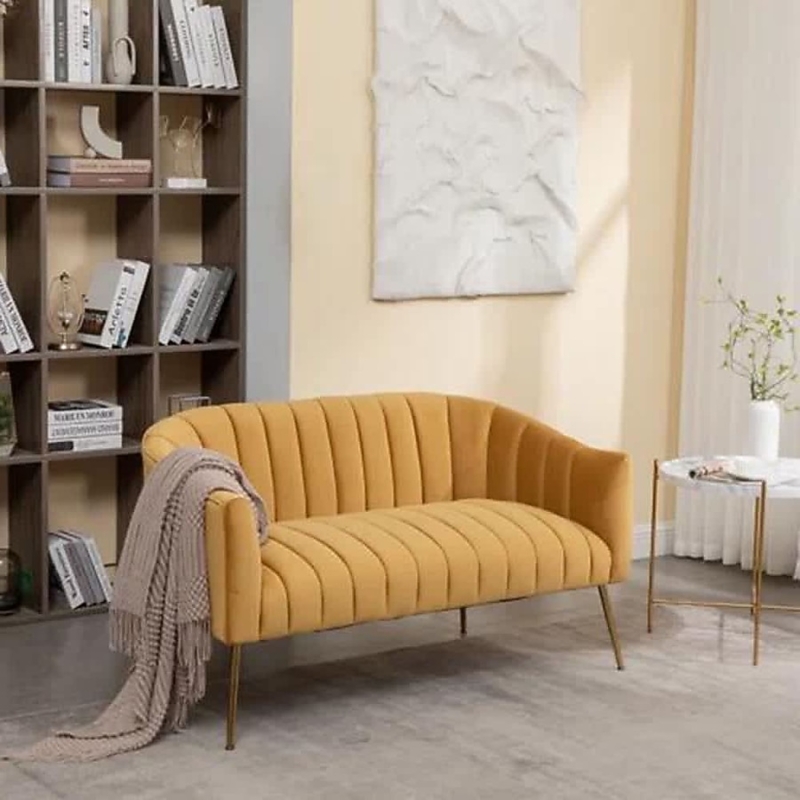 Modern Glam Curved Loveseat in Cream Boucle with Tapered Gold Legs