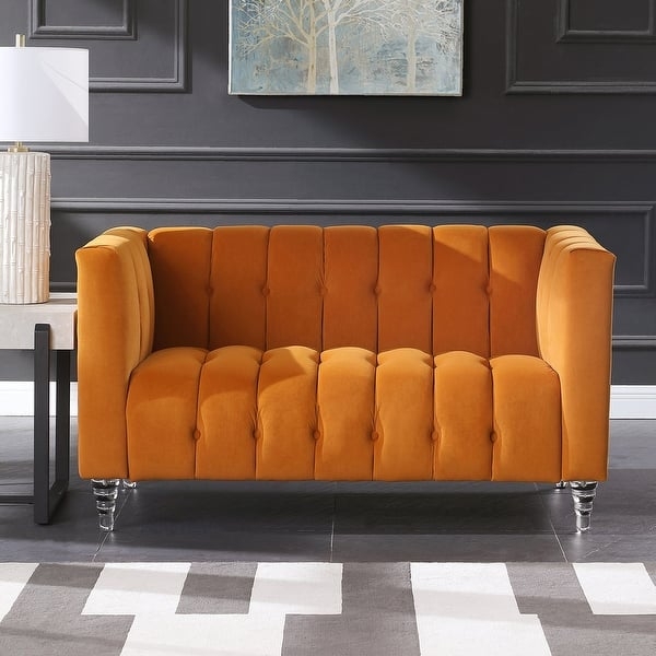 Modern Glam Emerald Green Velvet Tuxedo Loveseat with Acrylic Legs
