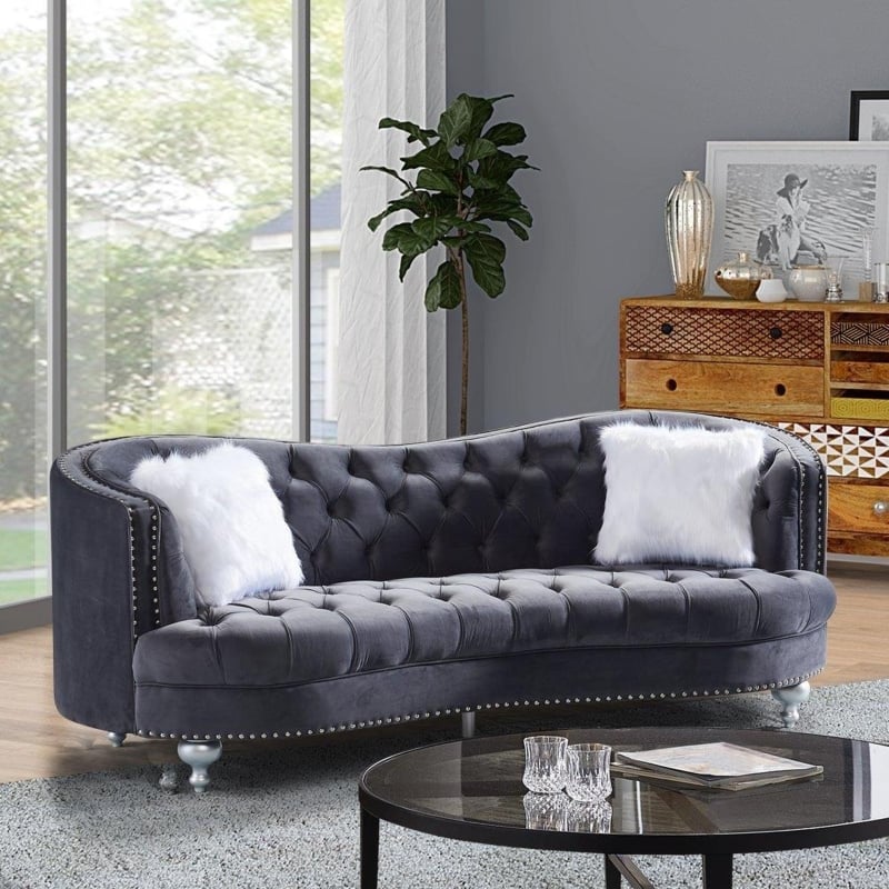Modern Glam Grey Velvet Tuxedo Sofa with Gold Legs