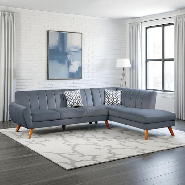 Modern Glam L-Shaped Sectional Sofa Gray Velvet Vertical Tufting