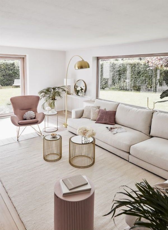 Modern Glam Living Room Decor Dusty Pink Accents Fireplace Mantel