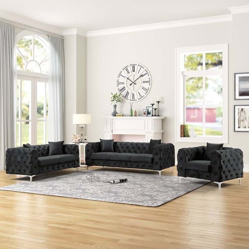 Modern Glam Living Room Set Black Velvet Chesterfield Rolled Arms