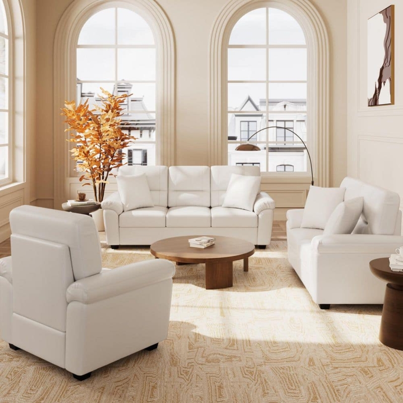 Modern Glam Living Room Set Cream Silver Nailhead Trim Chrome Legs