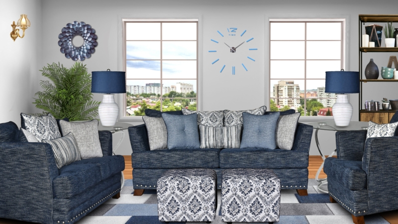 Modern Glam Living Room Set Vertical Channel Tufting Navy Velvet