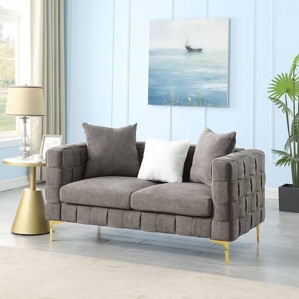 Modern Glam Loveseat Cream Snowflake Velvet Y Shaped Gold Legs