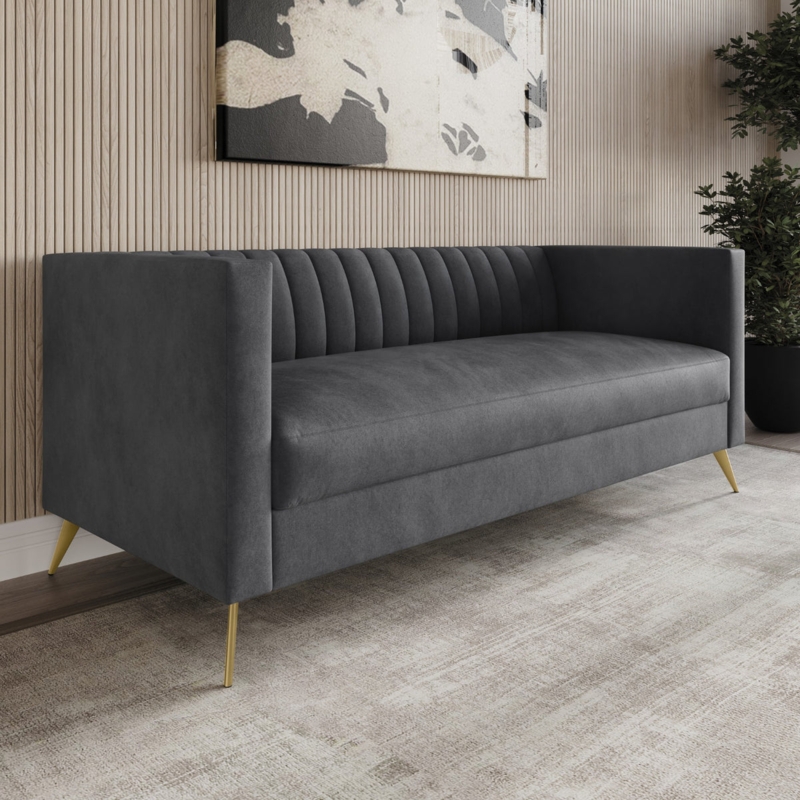 Modern Glam Sofa Dark Gray Velvet Channel Tufted Gold Legs