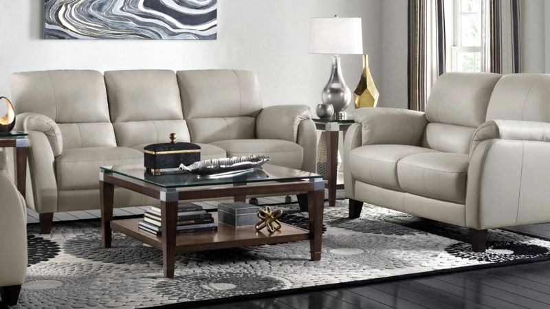 Modern Gray Fabric Living Room Set, Dark Wood