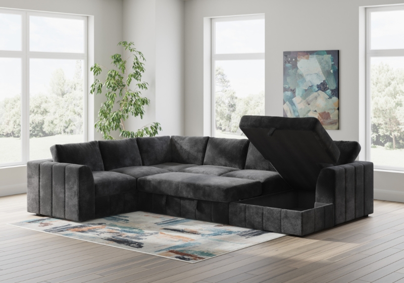 Modern Gray Sectional Sofa, Pop-Up Sleeper with Trundle Bed