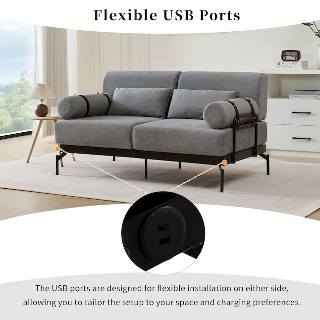 Modern Grey Loveseat with Unique Cylindrical Bolster Armrests