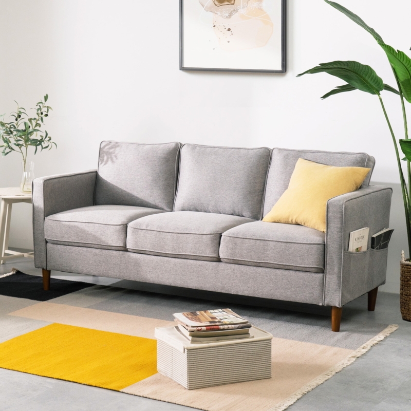 Modern Heather Grey Upholstered Sofa with Armrest Pockets