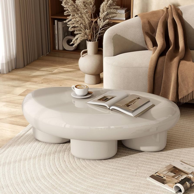Modern Ivory Glossy Oval Coffee Table with Organic Shape