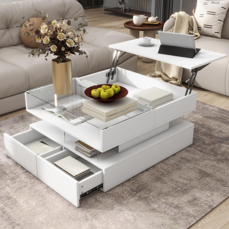 Modern Lift-Top Coffee Table with High-Gloss White Finish and Gold Base