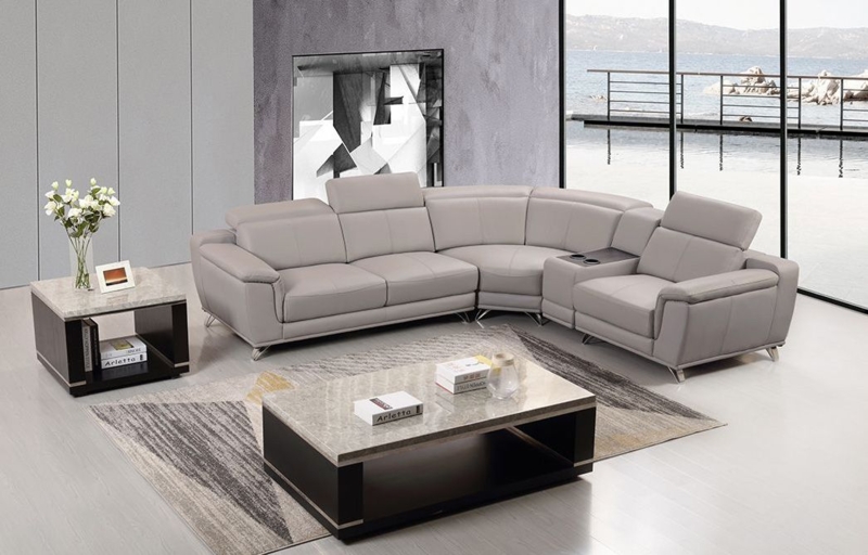 Modern Light Grey Leather-Like Sectional with Polished Metal Legs