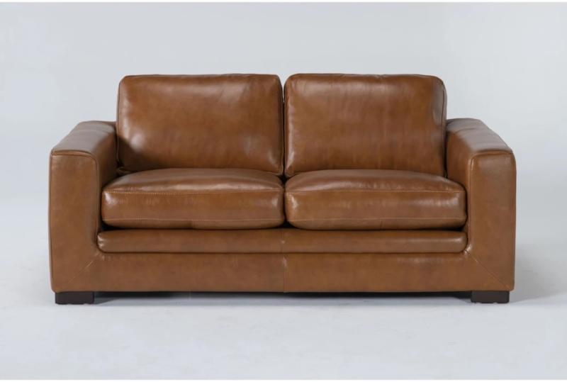 Modern Loveseat featuring Cognac Brown Leather-Like and Track Arms