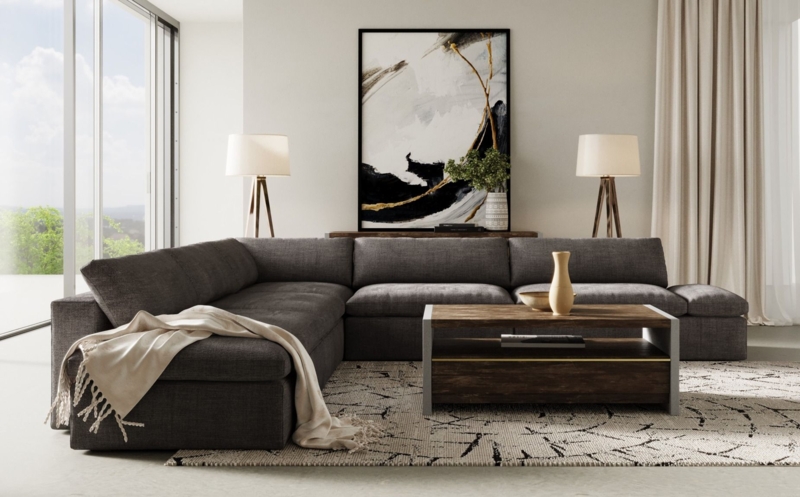 Modern Low-Profile Sectional Sofa with Wide Track Arms and Block Feet.
