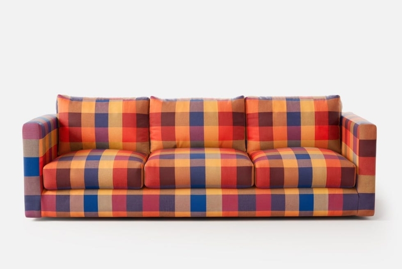 Modern Low Profile Sofa with Colorblock Plaid and Plinth Base