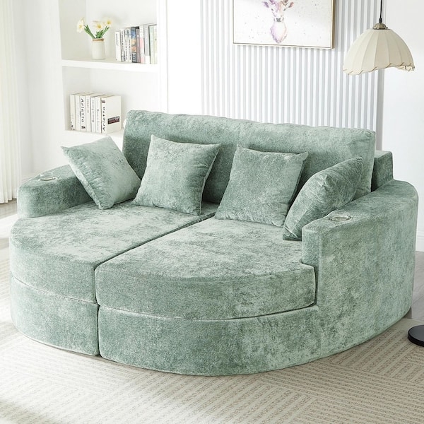 Modern Moss Green Curved Sofa with Ribbed Back and Cup Holders