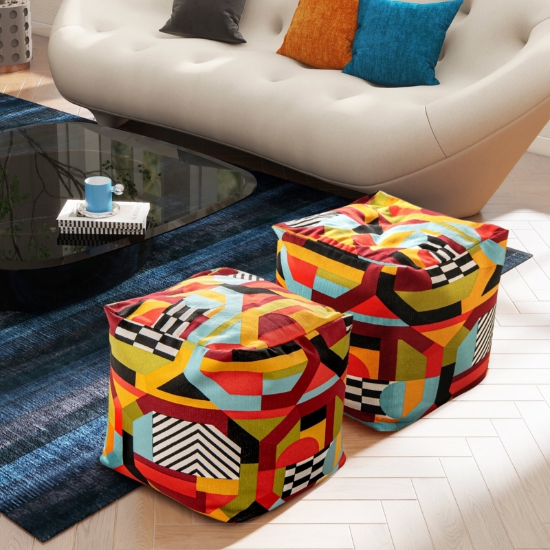 Modern Multicolored Cube Pouf Geometric Print Fabric Ottoman