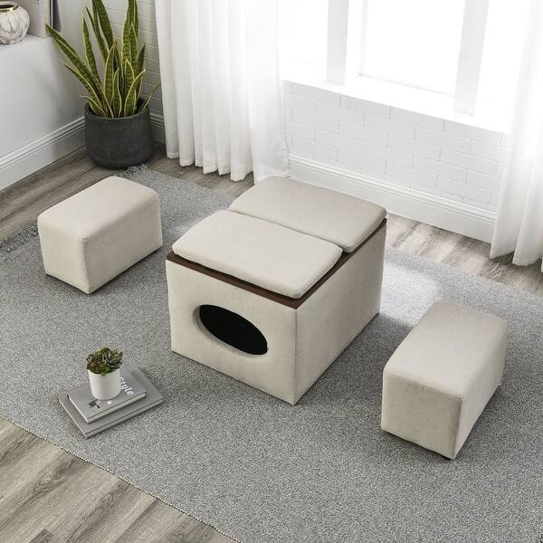 Modern Nesting Storage Ottoman Set, Cream, Hollow Base, Gold Accent