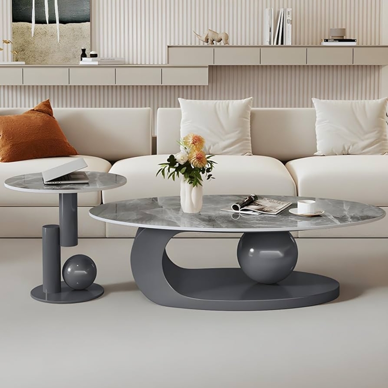 Modern Oval Stone Coffee Table Sculptural Abstract Metal Base