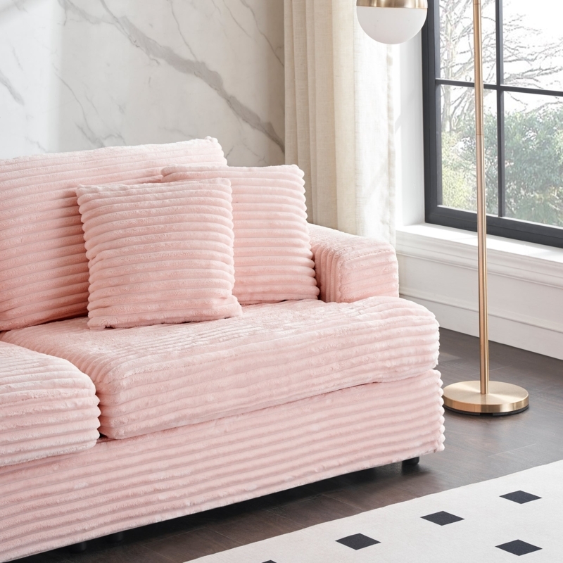 Modern Pink Corduroy Sofa: Blocky Silhouette & Ribbed Texture