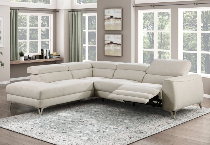 Modern Power Recliner Sectional with Metal Legs in Beige Fabric