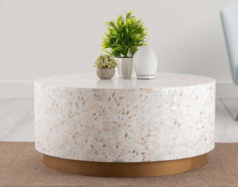 Modern Round Coffee Table with Ivory Top & Gold Base