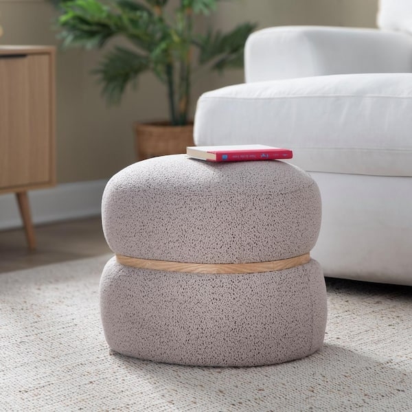 Modern Round Pouf Ottoman with Beige Fabric and Wood Pedestal Base