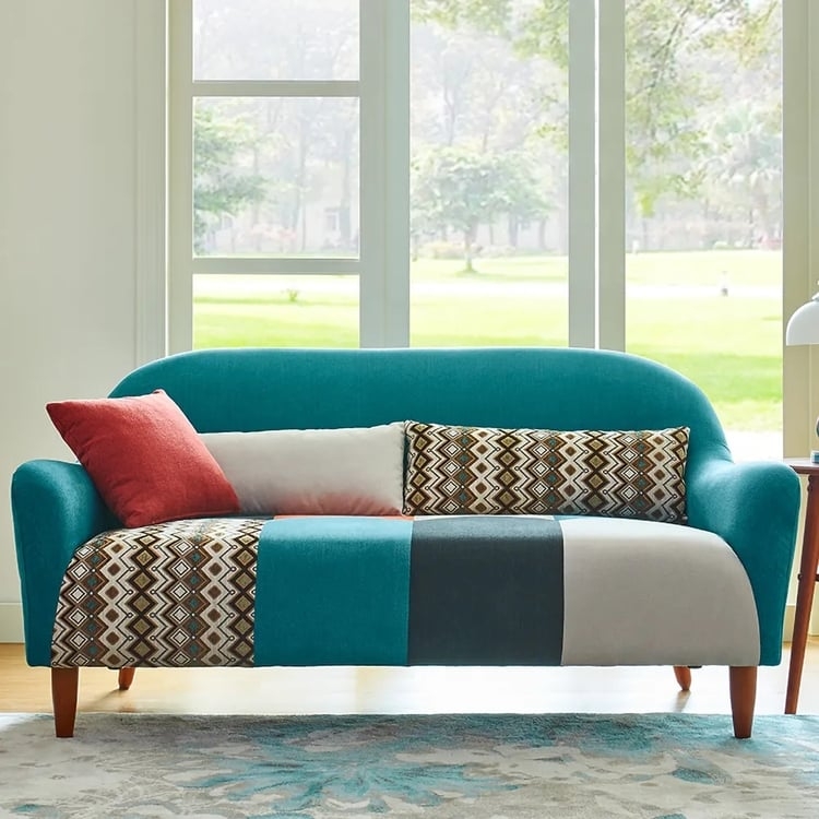Modern Rustic Dusty Blue Sofa with Flared Arms & Tapered Legs