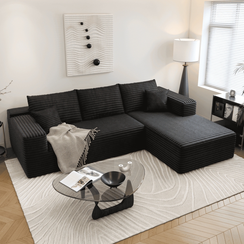 Modern Sectional Sofa, Matte Black Fabric, Cloud Silhouette, Modular.