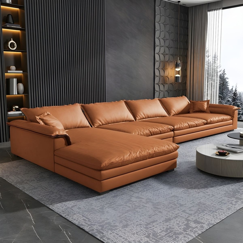 Modern Sectional Sofa Tan Faux Leather 4-Seater Low Profile