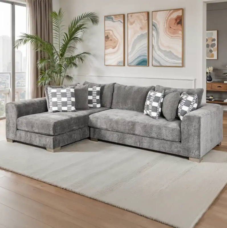 Modern Sectional Sofa Wide Track Arms Loose Back Cushions Charcoal