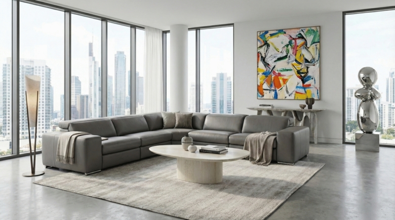 Modern Sectional Sofa with Adjustable Headrests in Light Gray Leather-Like.