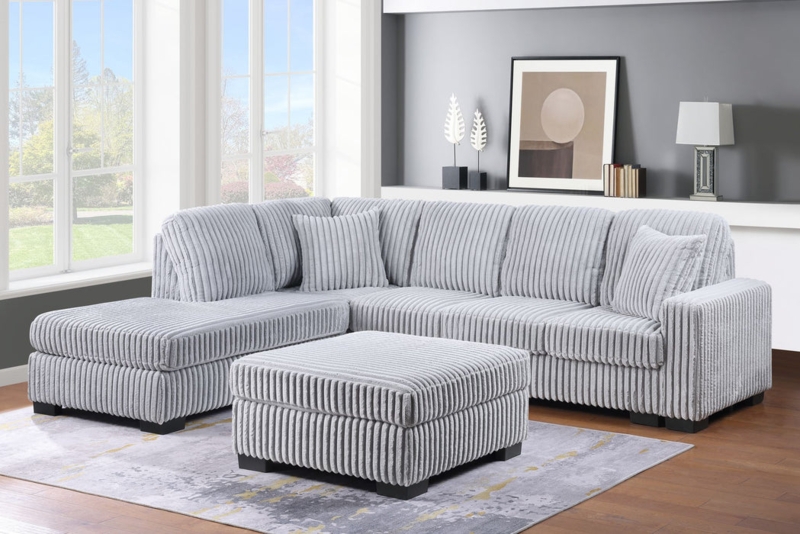 Modern Sectional with Ottoman Square Arms Reversible Design Woven