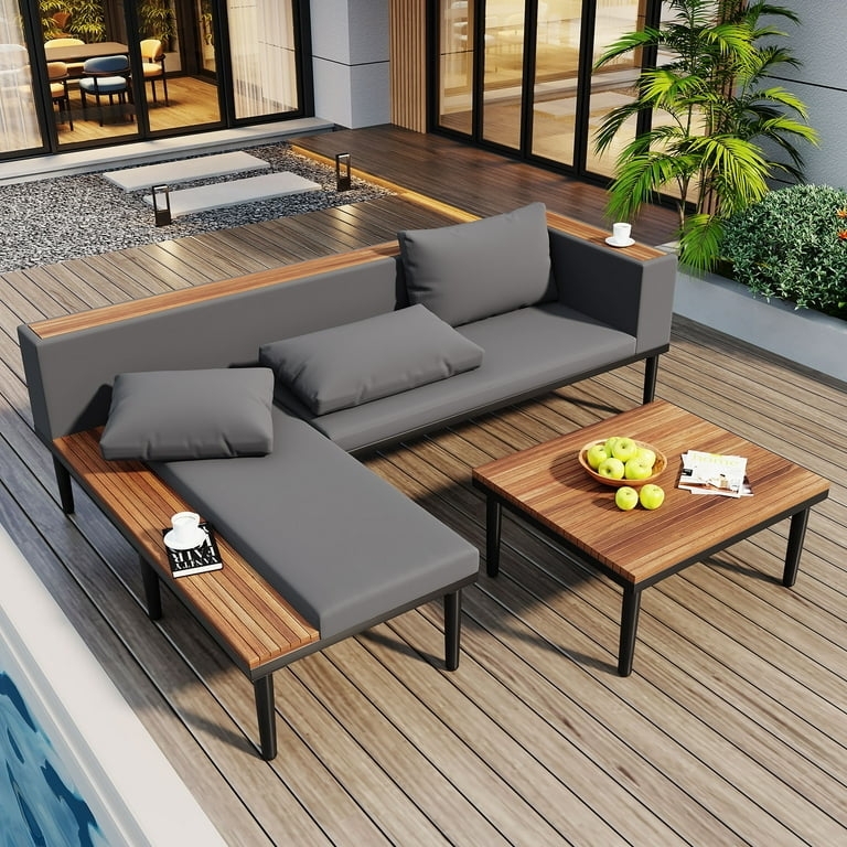 Modern Slatted Wood Outdoor Sectional with Integrated Tables