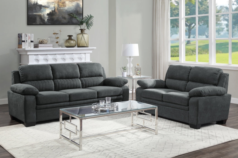 Modern Sofa Pillow Top Arms Textured Fabric Dark Gray