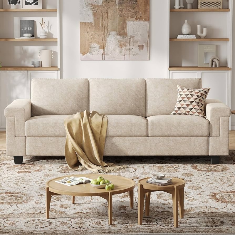 Modern Sofa Woven Fabric Wide Track Arms Low Profile Design